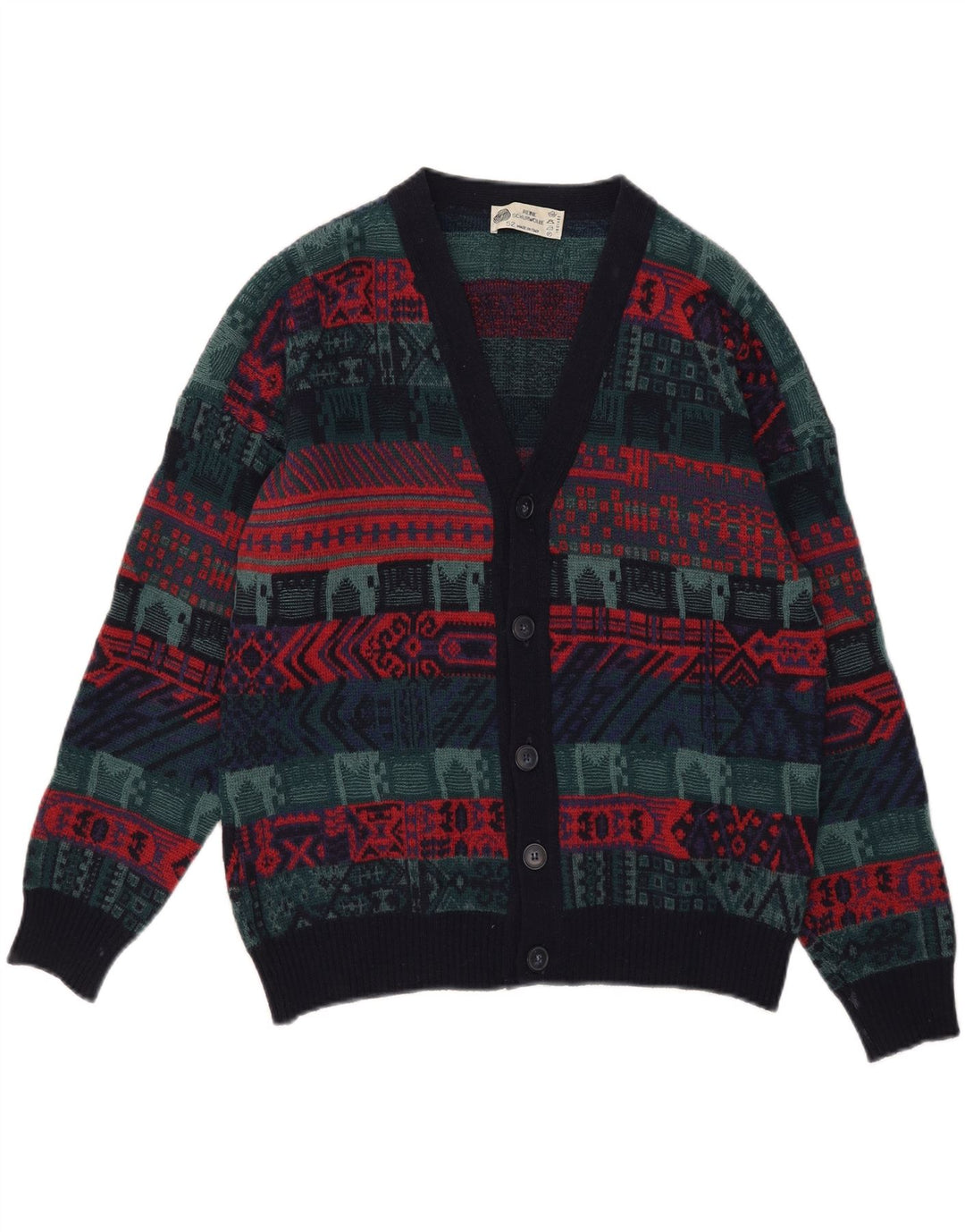 Pulover Cardigan Vintage Bărbați IT 52 Lână Geometrică Multicoloră Mare
