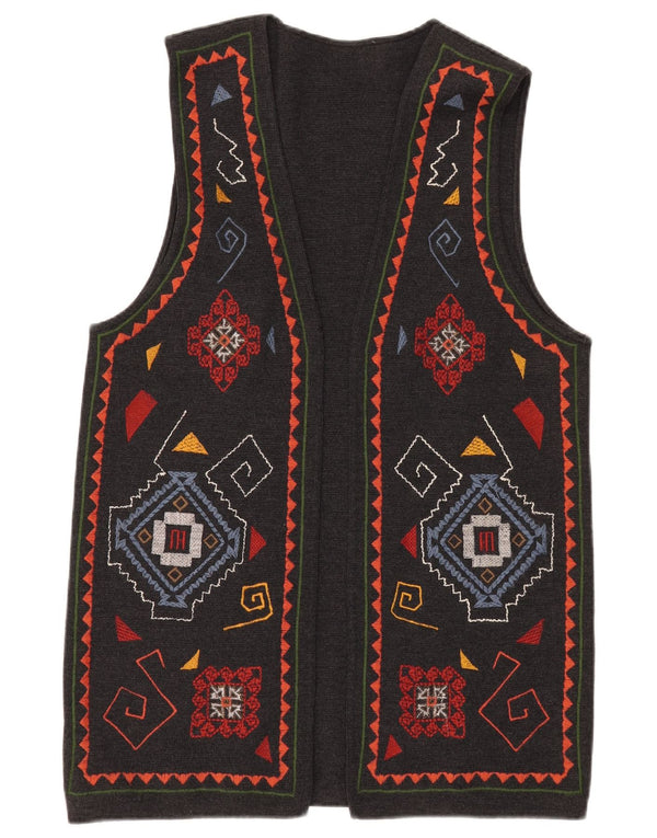 Pulover cardigan deschis fără mâneci vintage pentru femei UK 16 mare, gri, geometric