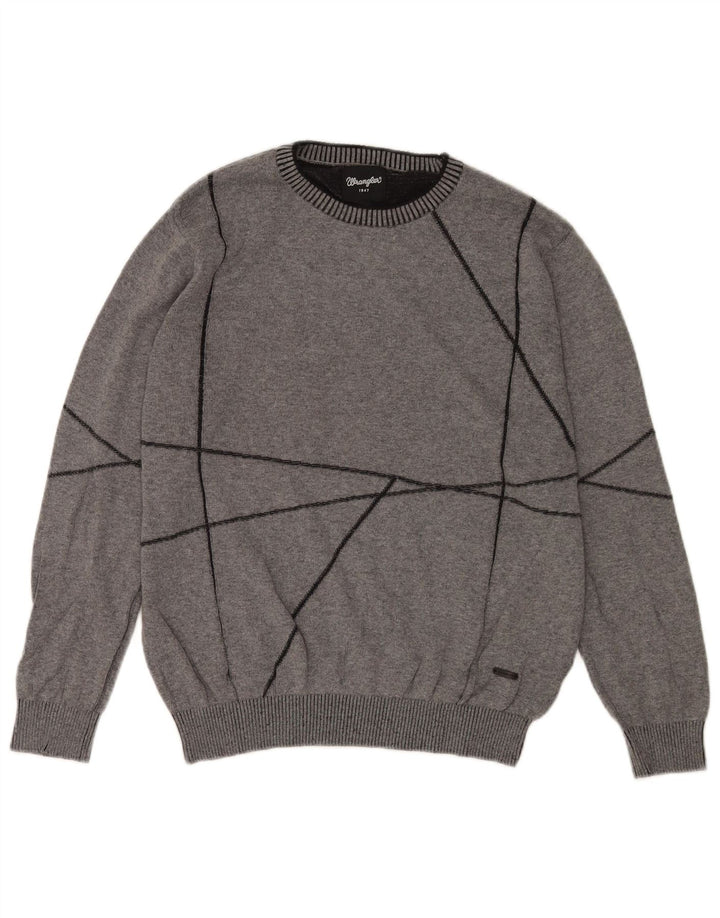 Pulover Wrangler pentru bărbați, cu gât roșu, din bumbac geometric, gri mediu
