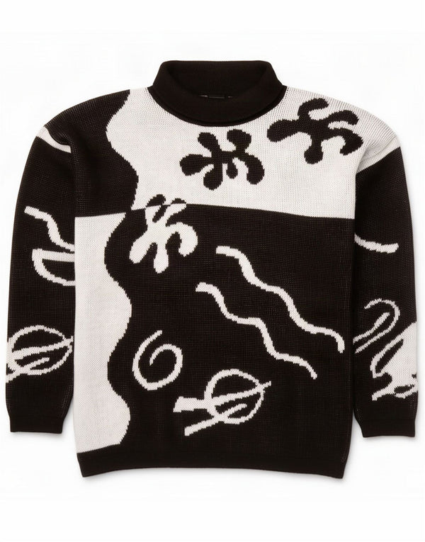 Vintage Mens Abstract Pattern Pulover Pulover cu gât rulat XL Negru Colorblock
