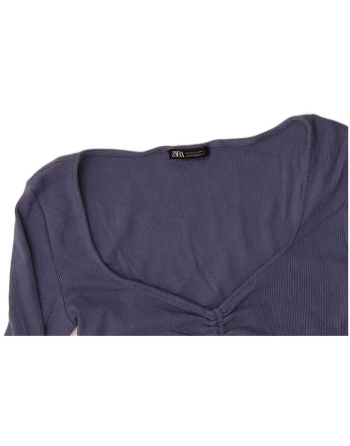 Top crop ZARA pentru femei cu mânecă lungă UK 12, bumbac albastru mediu