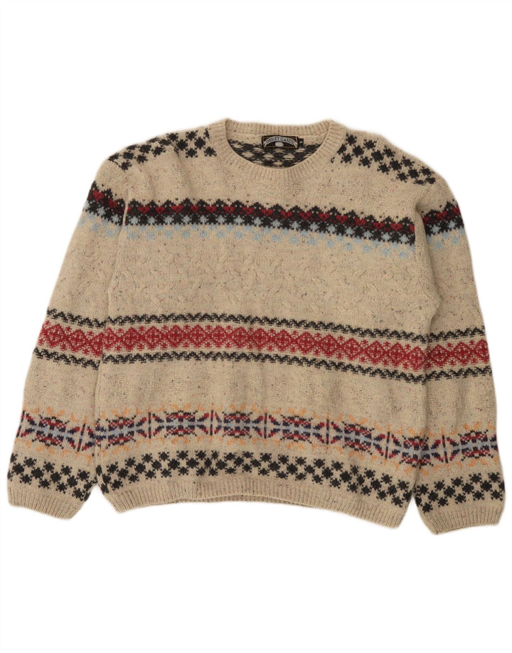 Pulover vintage pentru bărbați cu gâtul turnat, lână Fair Isle, bej mic