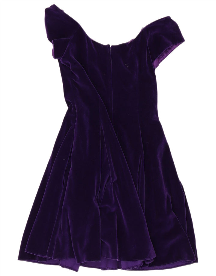 VINTAGE Rochie pentru femei din catifea cu umeri scoși UK 14 Bumbac violet mediu