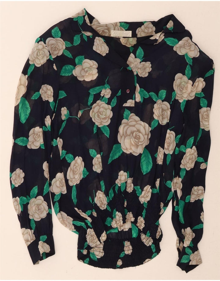 VINTAGE Womens See Through Blouse Top UK 14 Medium Navy Blue Floral Vintage Vintage and Second-Hand Vintage from Messina Hembry 