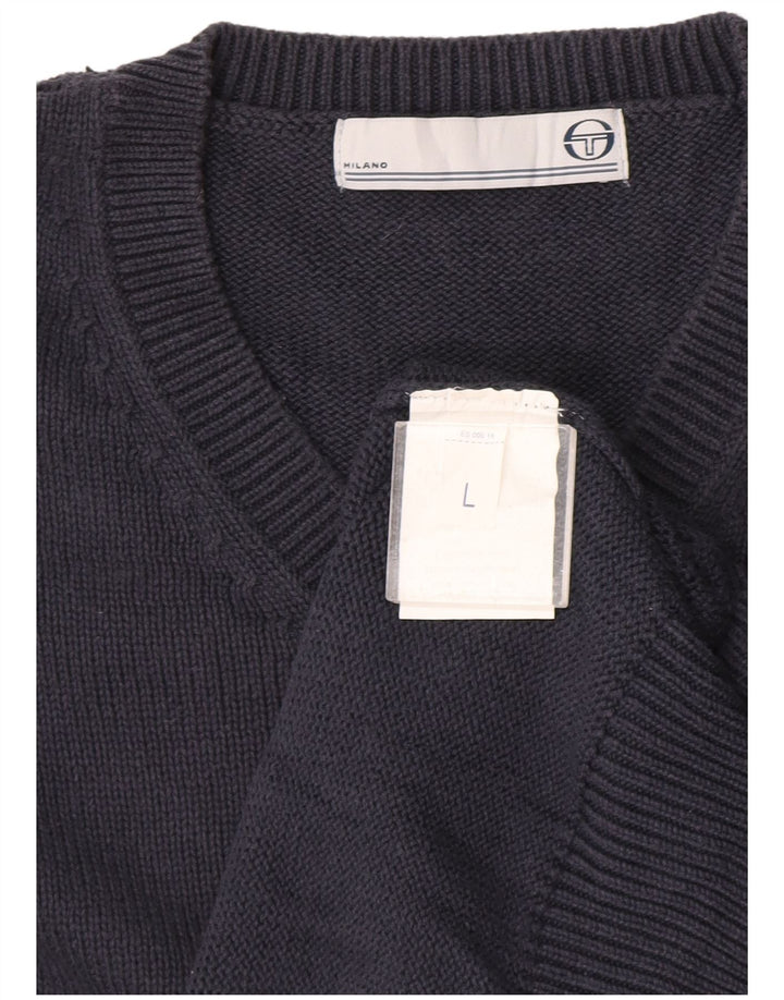 Sergio Tacchini Pulover cu decolteu în V pentru bărbați din bumbac mare, albastru bleumarin