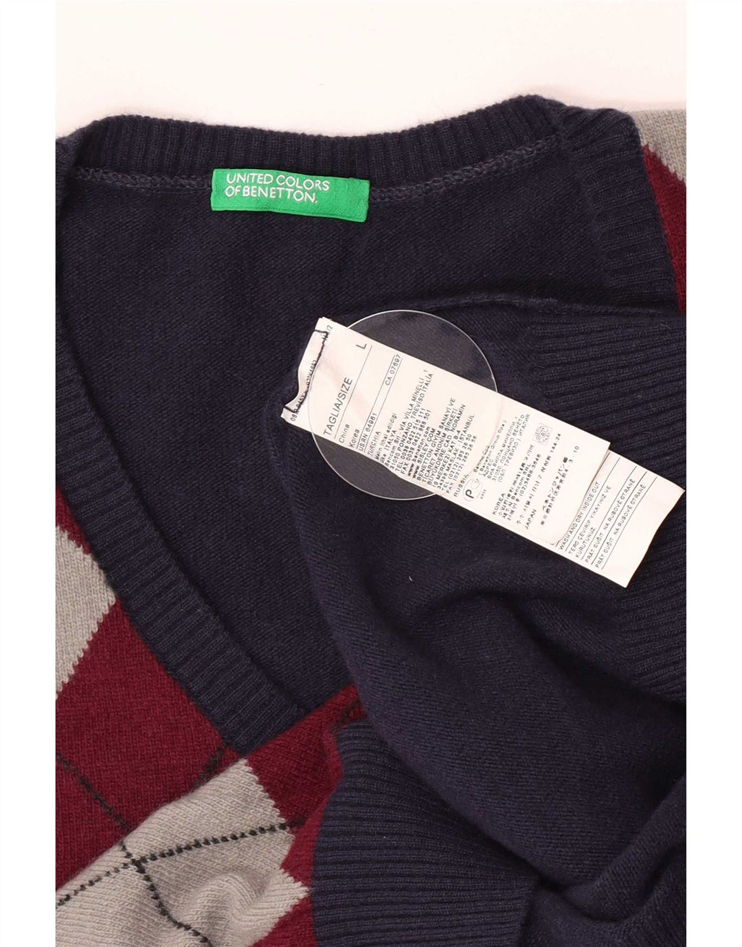 Pulover pentru bărbați Benetton cu decolteu în V, mare, albastru marin Argyle/Lână diamant