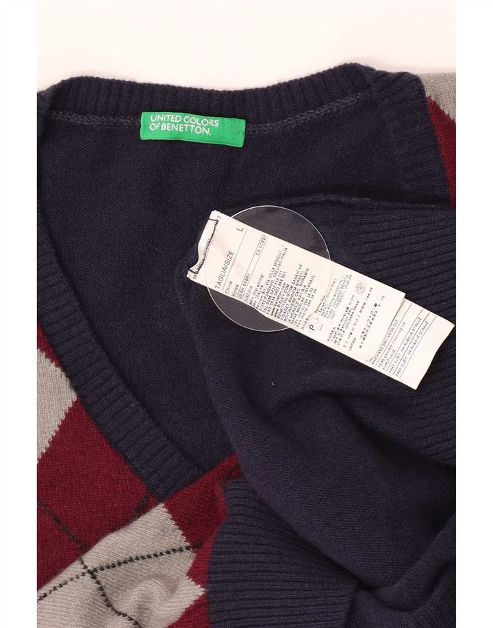 Pulover pentru bărbați Benetton cu decolteu în V, mare, albastru marin Argyle/Lână diamant