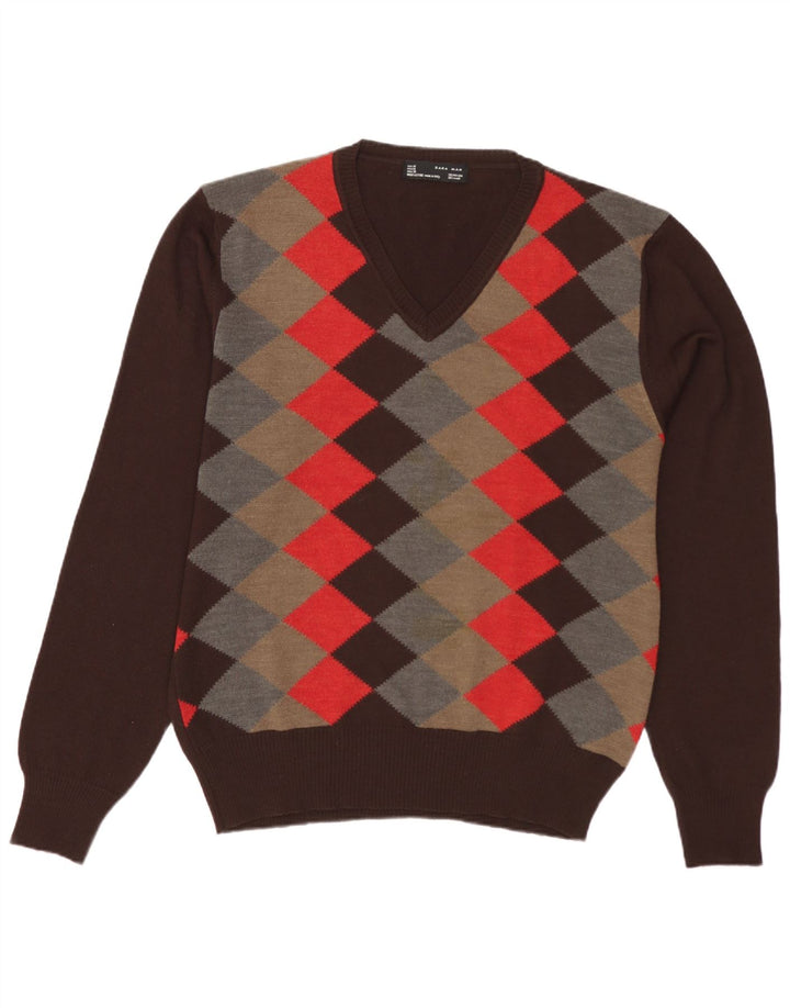 Pulover pentru bărbați Zara, cu decolteu în V, maro mediu Argyle/Diamond