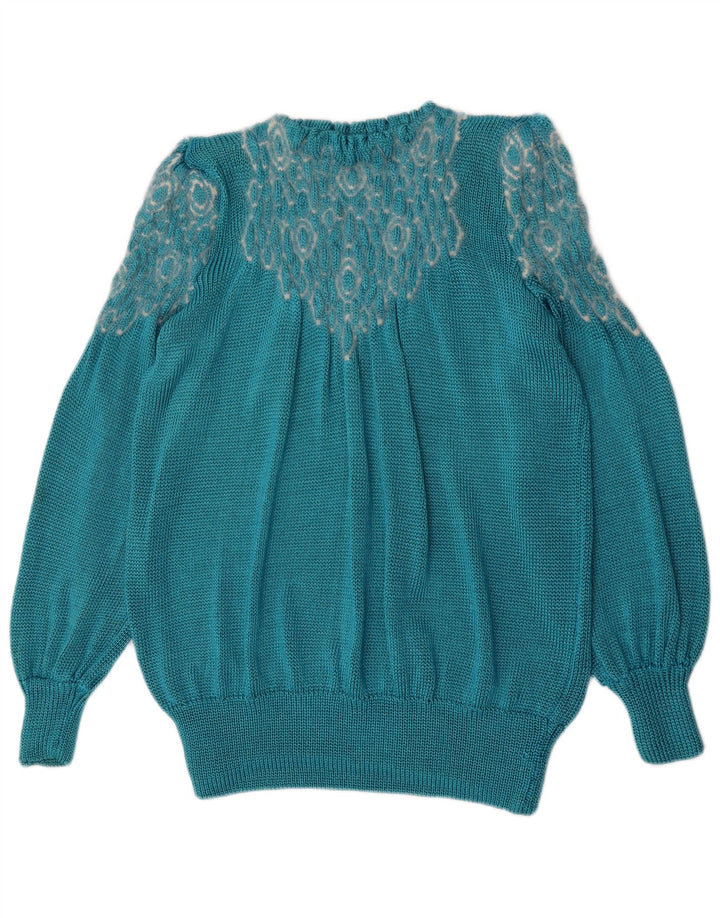 Pulover vintage pentru femei cu model abstract, cu decolteu rotund, mare, albastru UK 14