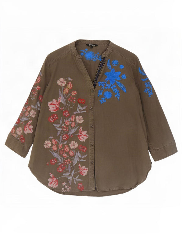Bluză cămașă cu mâneci 3/4 pentru femei Desigual UK 20 2XL Kaki Floral Lyocell