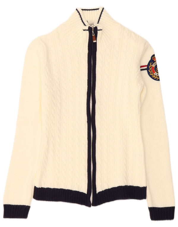 Pulover Cardigan Vintage pentru Damă UK 6 XS Alb Acrilic Colorblock