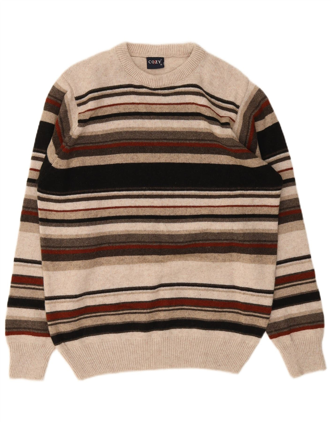 Pulover vintage pentru bărbați cu gât roșu, cu dungi medii, multicolore