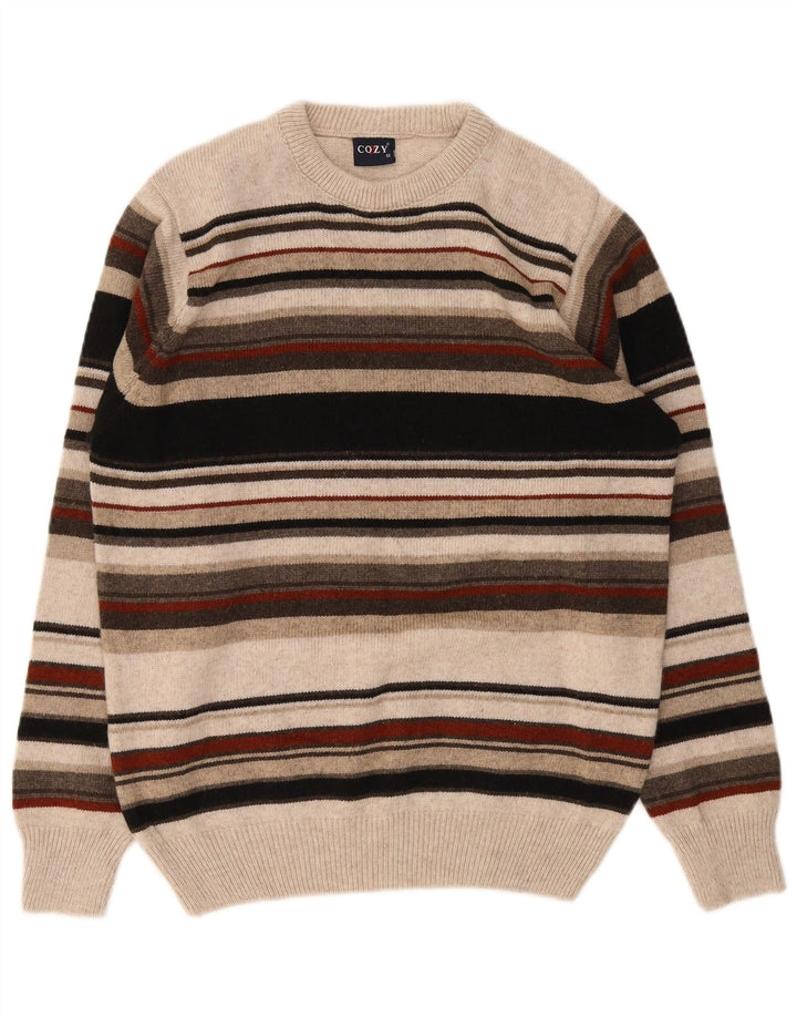 Pulover vintage pentru bărbați cu gât roșu, cu dungi medii, multicolore