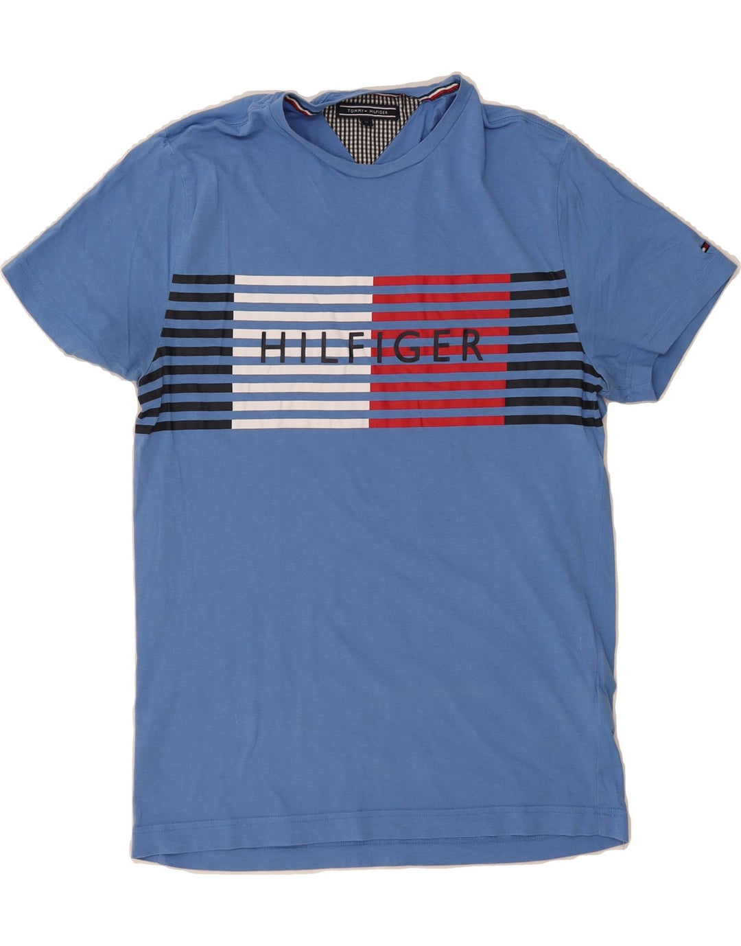 TOMMY HILFIGER Mens Graphic T-Shirt Top Medium Blue Striped Cotton Vintage Tommy Hilfiger and Second-Hand Tommy Hilfiger from Messina Hembry 