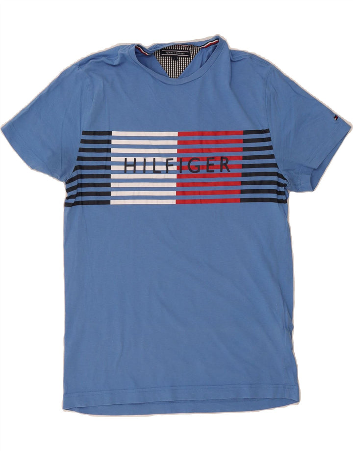 TOMMY HILFIGER Mens Graphic T-Shirt Top Medium Blue Striped Cotton Vintage Tommy Hilfiger and Second-Hand Tommy Hilfiger from Messina Hembry 