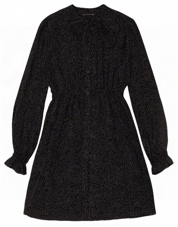 Rochie cămașă Zara pentru femei cu cravată în față UK 14 Medium Black Spotted