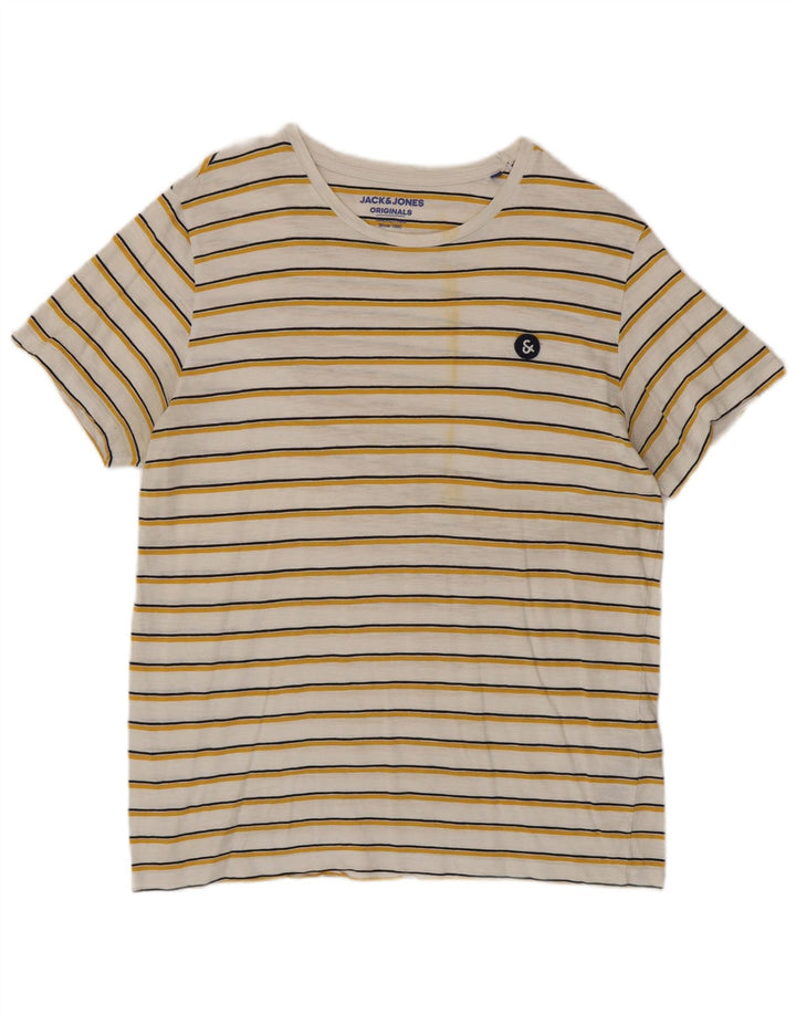 JACK & JONES Mens T-Shirt Top Large White Striped Cotton