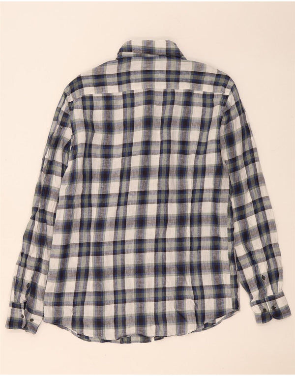 Massimo Dutti Mens Shirt Large Navy Blue Check Linen