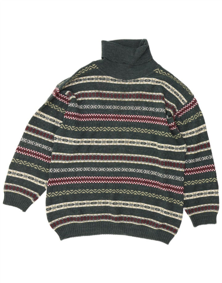 Pulover vintage pentru bărbați cu gât rulat, mare, verde Fair Isle