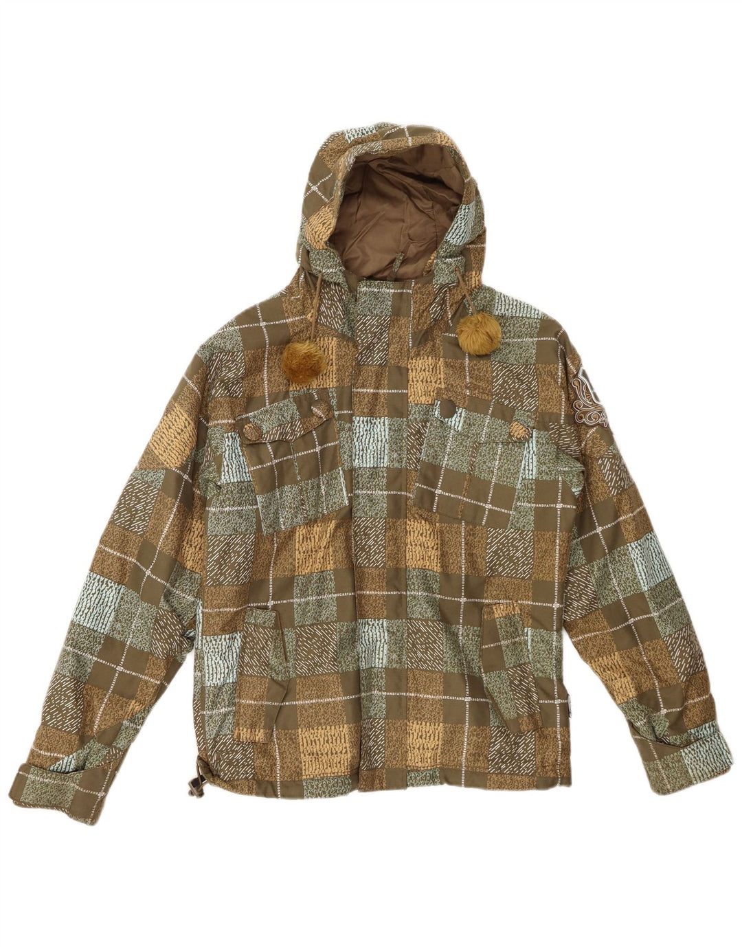 BILLABONG Womens Graphic Hooded Windbreaker Jacket EU 36 Small Khaki Check