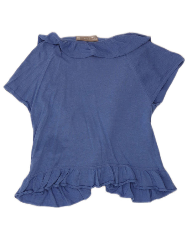 Top cardigan cu mâneci scurte cu volane în față pentru femei Zara UK 12 bumbac albastru mediu