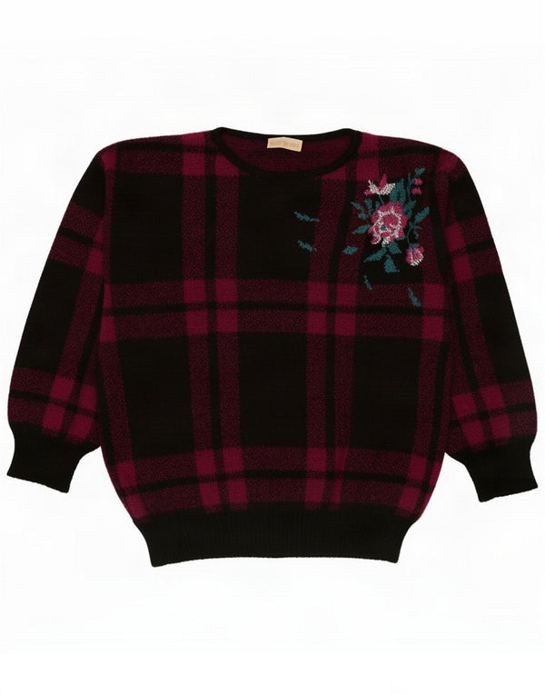 Vintage Pulover supradimensionat pentru femei cu gât de barcă UK 4 XS Black Plaid
