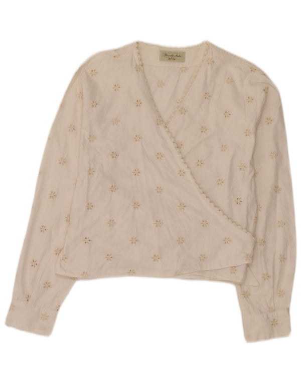 Bluză înfășurată cu mânecă lungă pentru femei Vintage IT 46 Bumbac floral alb mare