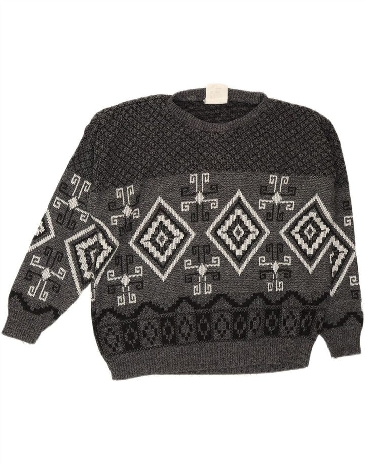 VINTAGE Mens Crew Neck Jumper Sweater Medium Grey Argyle/Diamond Acrylic Vintage Vintage and Second-Hand Vintage from Messina Hembry 