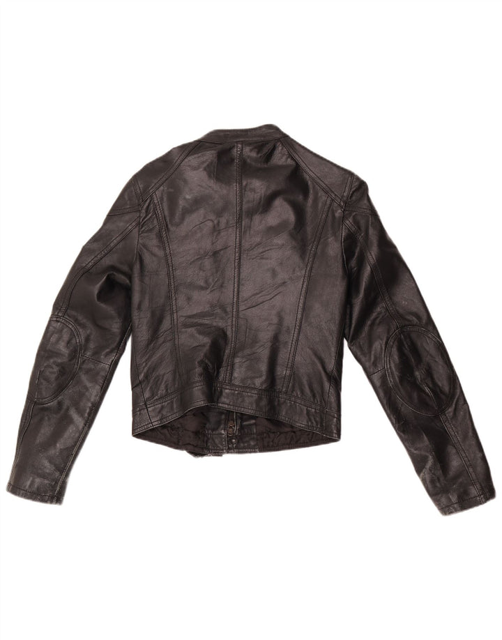 Jachetă de motociclist din piele crop vintage pentru femei UK 10 Mic din piele neagră