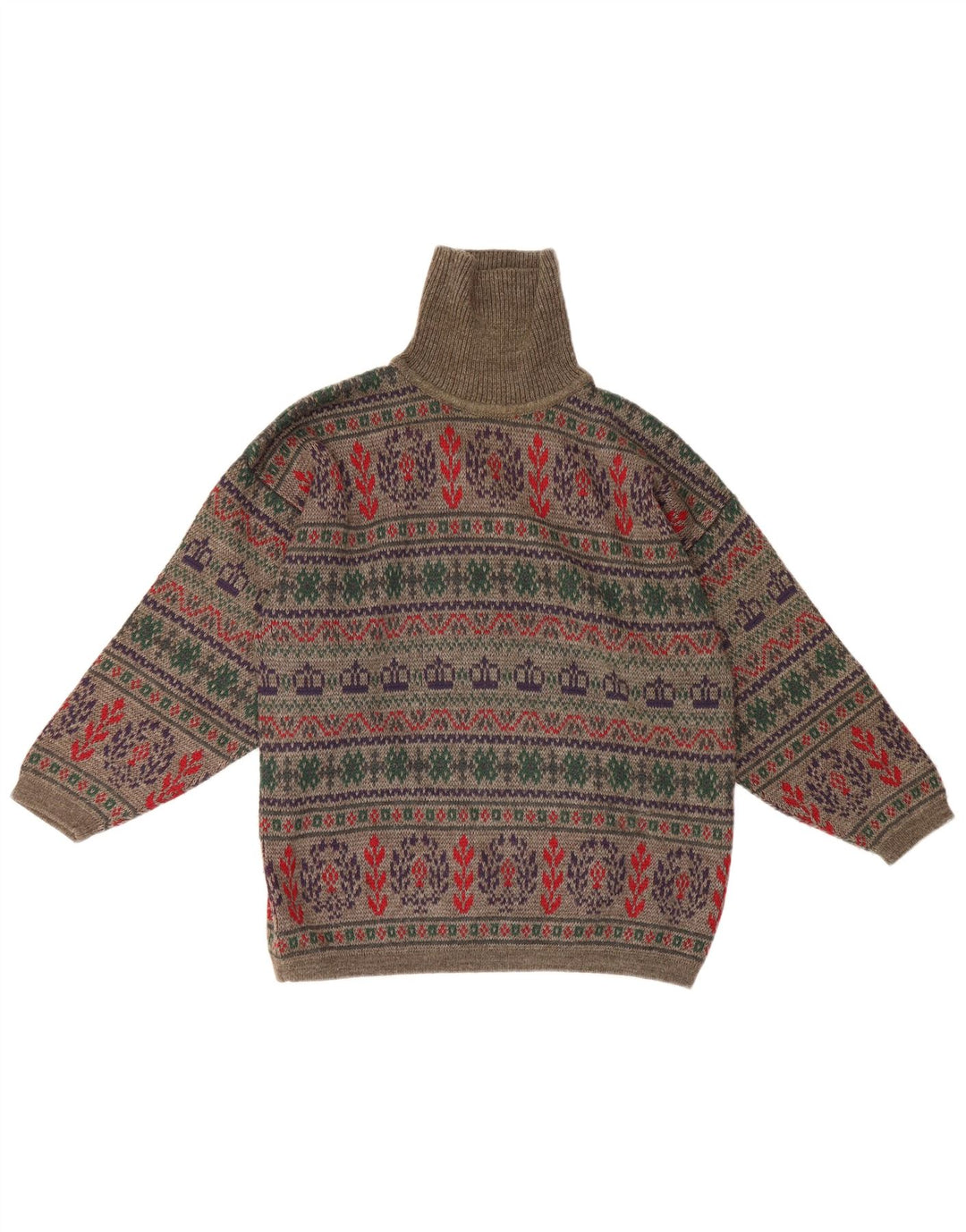 Pulover vintage pentru bărbați cu gât rulat, mic, gri din lână Fair Isle
