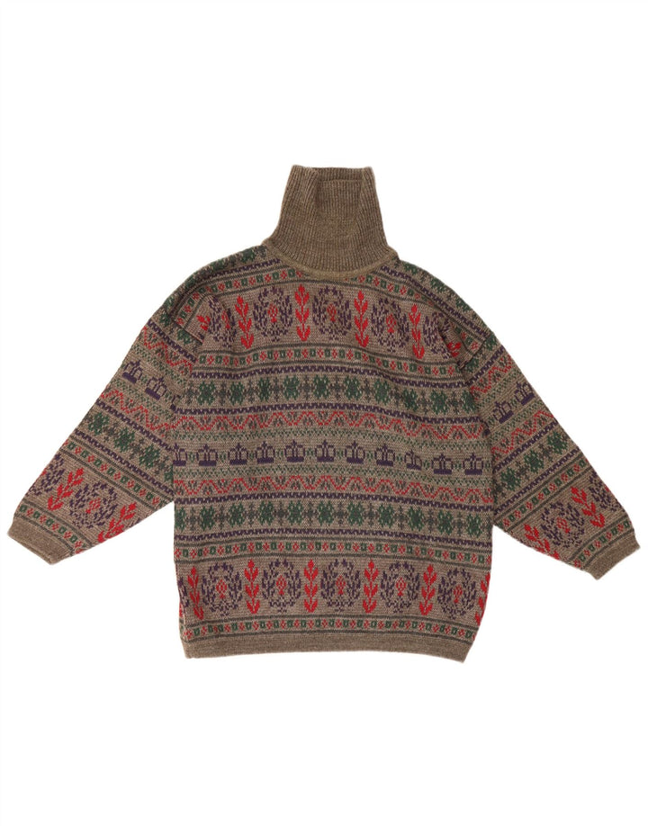 Pulover vintage pentru bărbați cu gât rulat, mic, gri din lână Fair Isle