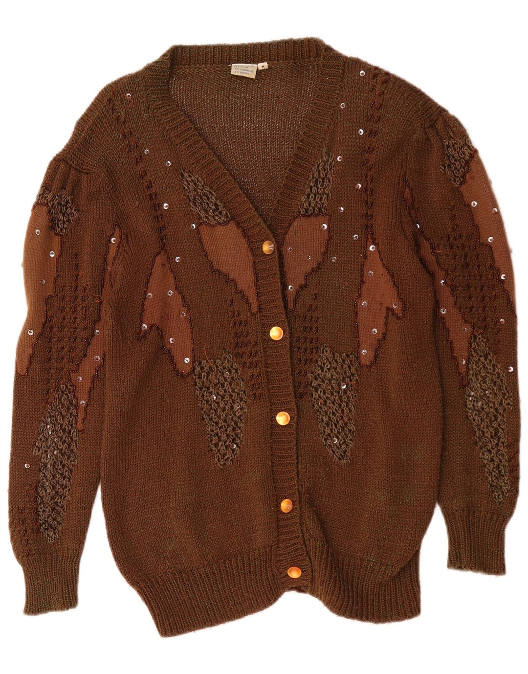Pulover cardigan cu model abstract pentru femei vintage UK 14 maro mediu