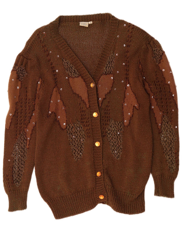 Pulover cardigan cu model abstract pentru femei vintage UK 14 maro mediu