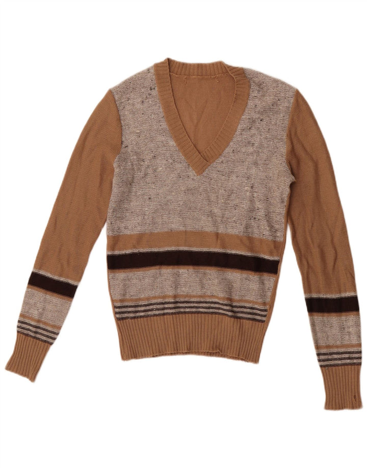 Pulover vintage cu decolteu în V pentru femei IT 44 maro mediu cu dungi