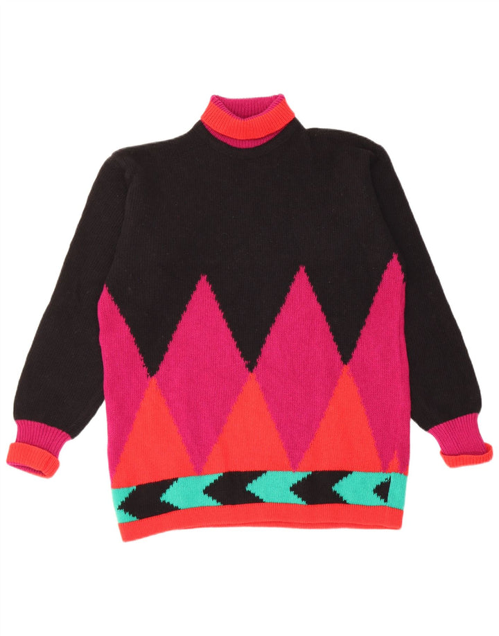 Pulover vintage pentru femei cu gât rulat UK 12 Medium Black Argyle/Diamond