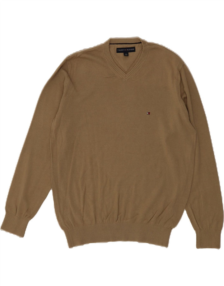 TOMMY HILFIGER Mens V-Neck Jumper Sweater Medium Beige Cotton Vintage Tommy Hilfiger and Second-Hand Tommy Hilfiger from Messina Hembry 