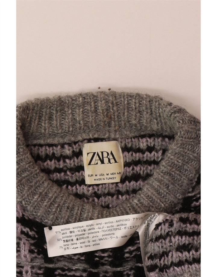 Pulover pentru bărbați Zara, cu decolteu rotund, acrilic cu carouri, gri mediu
