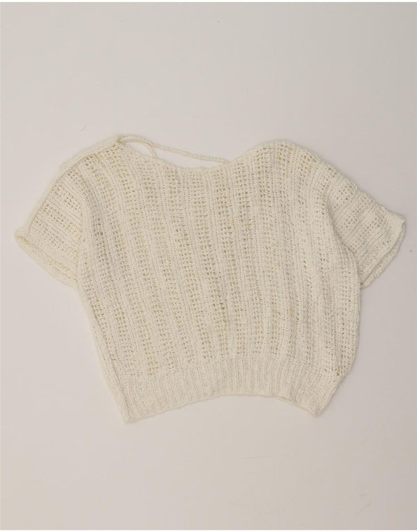 Pulover vintage cu mânecă scurtă cu decolteu în V pentru femei UK 14 Medium White