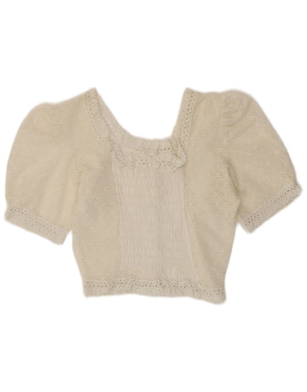 Bluză vintage pentru femei cu mânecă scurtă, cămașă scurtă UK 10, albă, florală