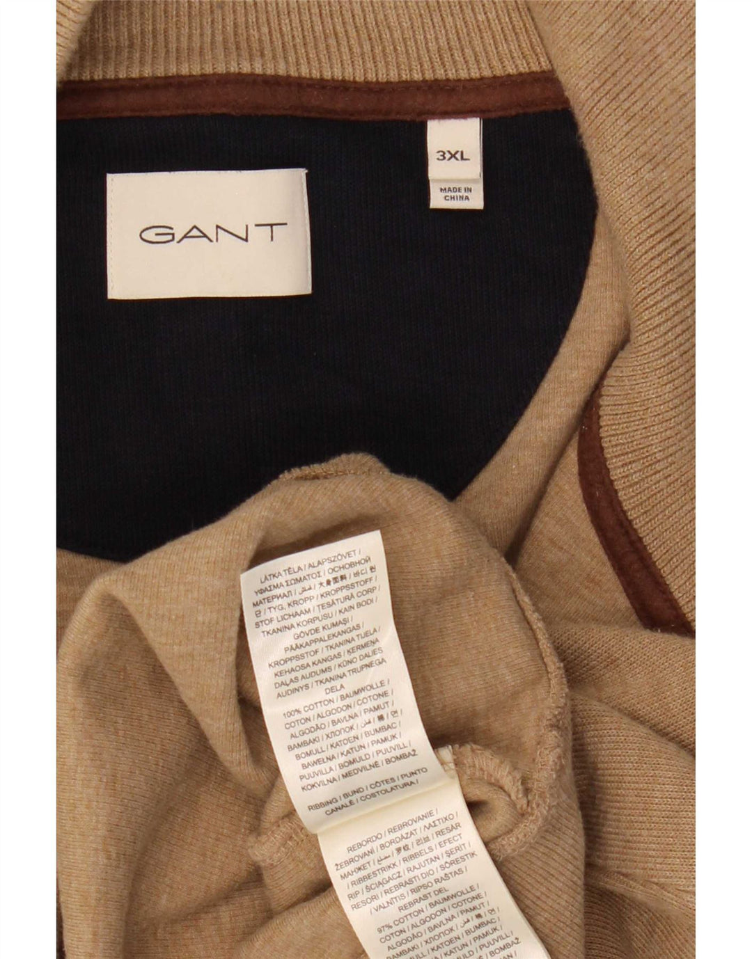Pulover pentru bărbați Gant, cu fermoar și gât, bumbac bej 3XL