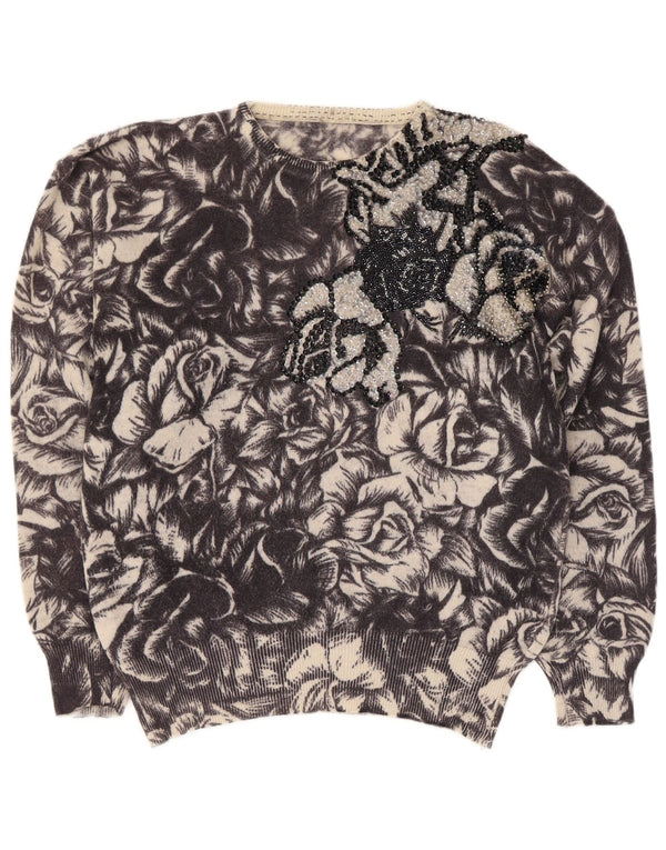 Pulover vintage pentru femei cu gât de barcă UK 12 Medium Black Floral