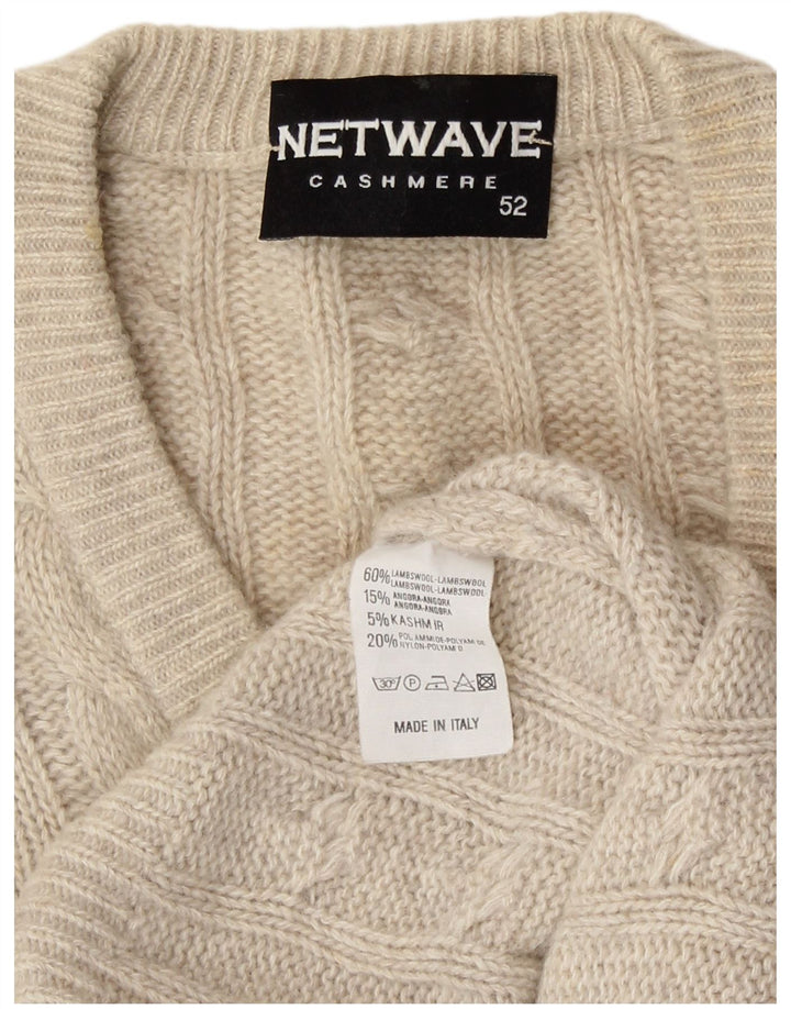 Pulover vintage pentru bărbați, cu decolteu în V, IT 52, lână de miel, mare, alb
