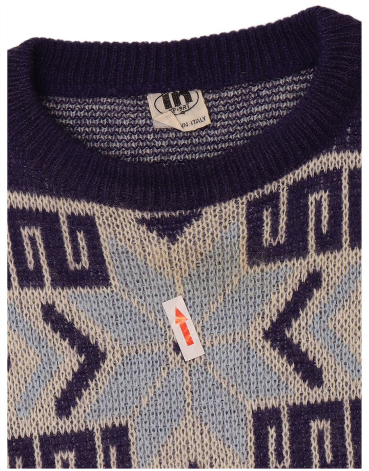 Pulover vintage pentru bărbați cu gât roșu, mijlociu, bleumarin, geometric