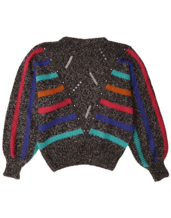 Pulover pentru femei VINTAGE cu gâtul rotund și liliac, UK 14, gri mediu, cu dungi