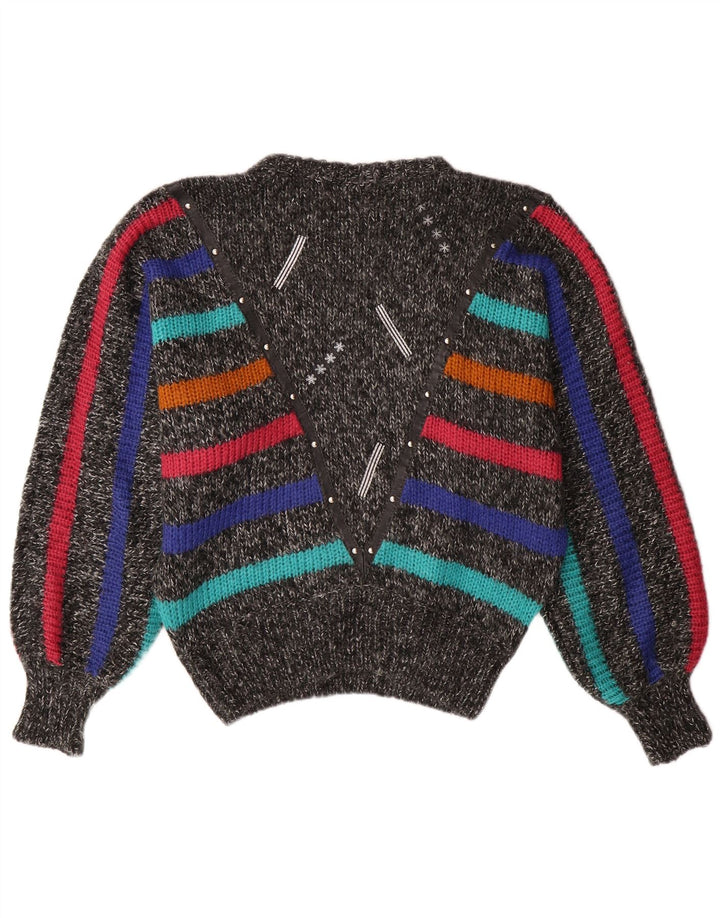 Pulover pentru femei VINTAGE cu gâtul rotund și liliac, UK 14, gri mediu, cu dungi