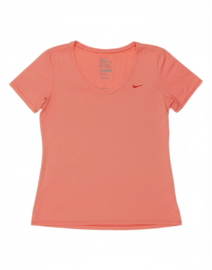 NIKE Womens Dri Fit T-Shirt Top UK 12 Medium Red Pinstripe Polyester