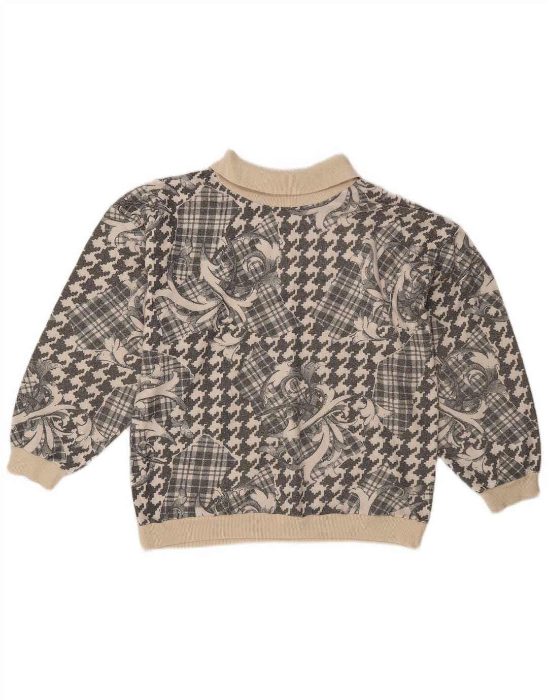 Pulover vintage cu gât polo pentru femei UK 18 XL, gri, mozaic