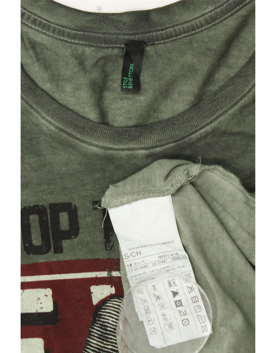 BENETTON Top grafic pentru bărbați cu mânecă lungă din bumbac verde mic