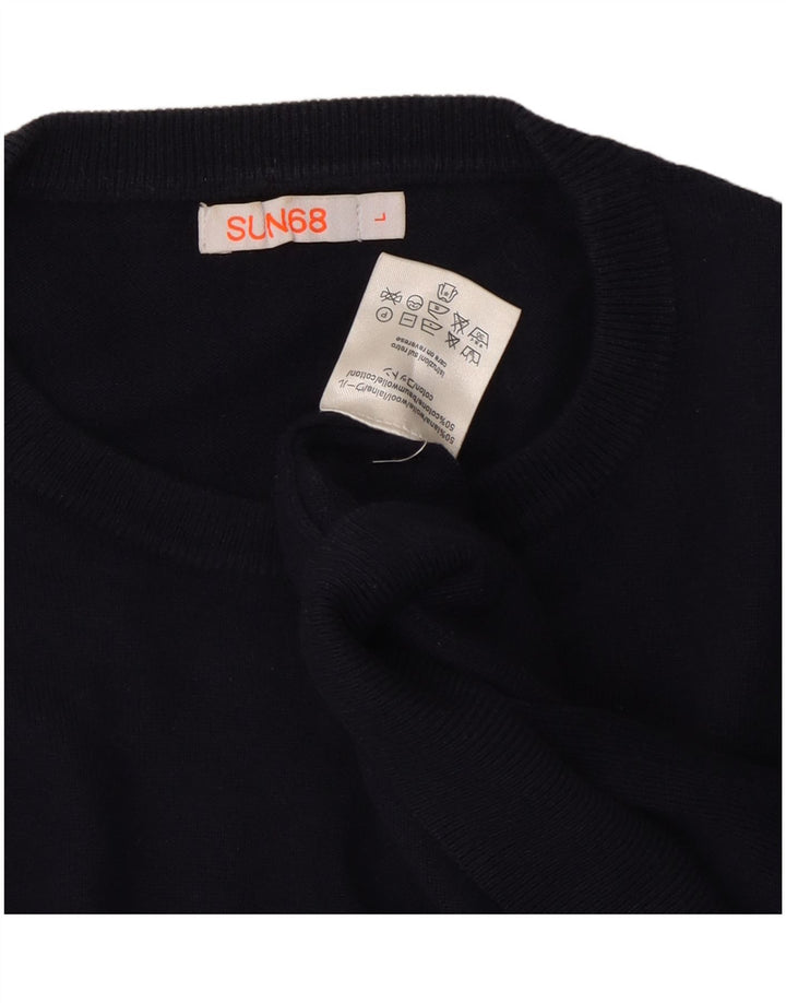 Sun68 Pulover pentru bărbați cu gât roșu, lână mare, albastru