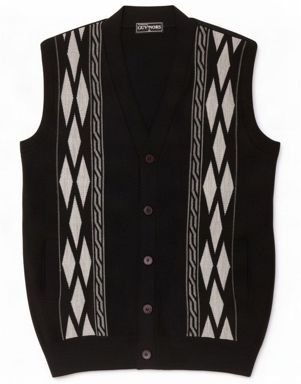 Vintage Pulover Cardigan fără mâneci pentru bărbați XL Negru Geometric Acrilic